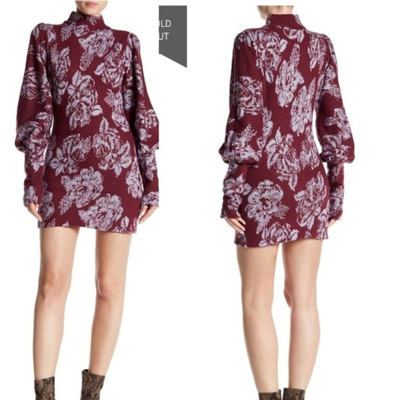 FREE PEOPLE Dress Long Sleeve Mini Sweater Wool Mock Neck Floral Boho Wine XS - Picture 2 of 10